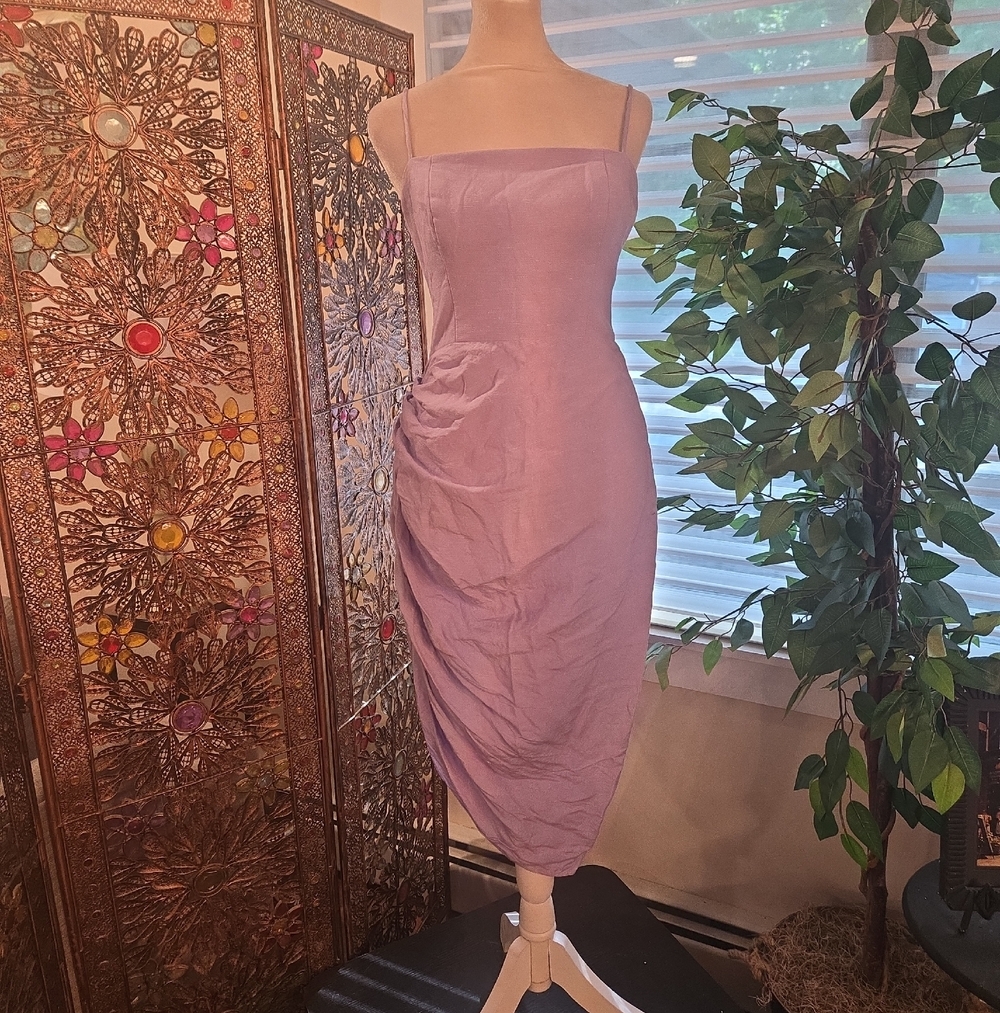 The Linen Atelier Lilac Purple Ruched Summer Vacation Glam Midi Dress Small